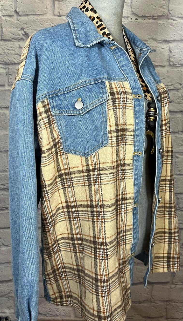 NWT Kancy Kole Boho Patchwork Flannel and Denim Shacket/Jacket